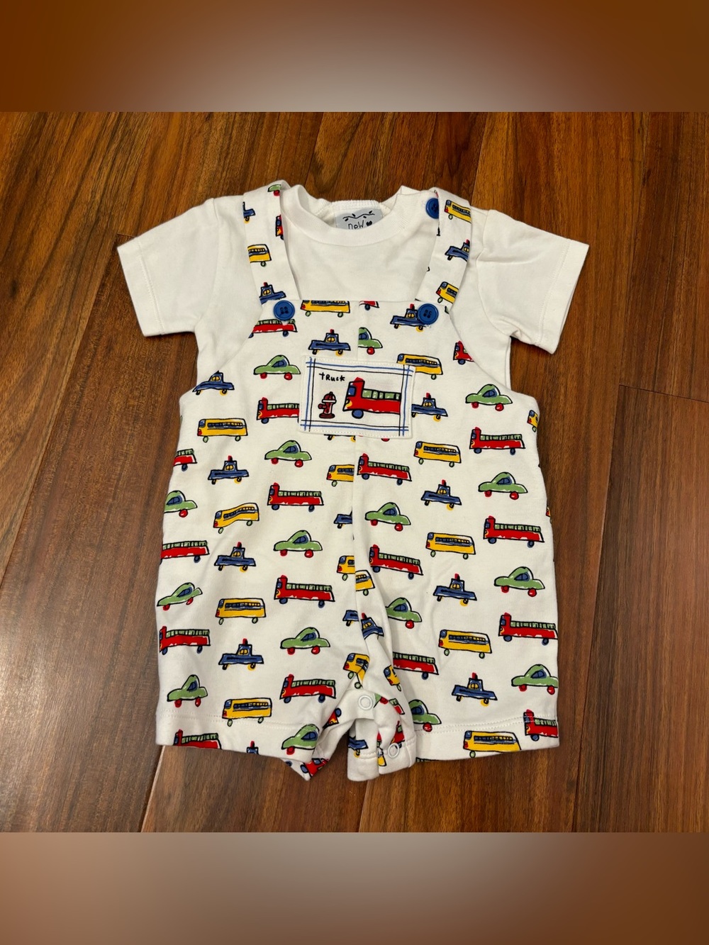 New Potatoes Vintage White Vehicle Soft Overall Shorts and Matching White Tee